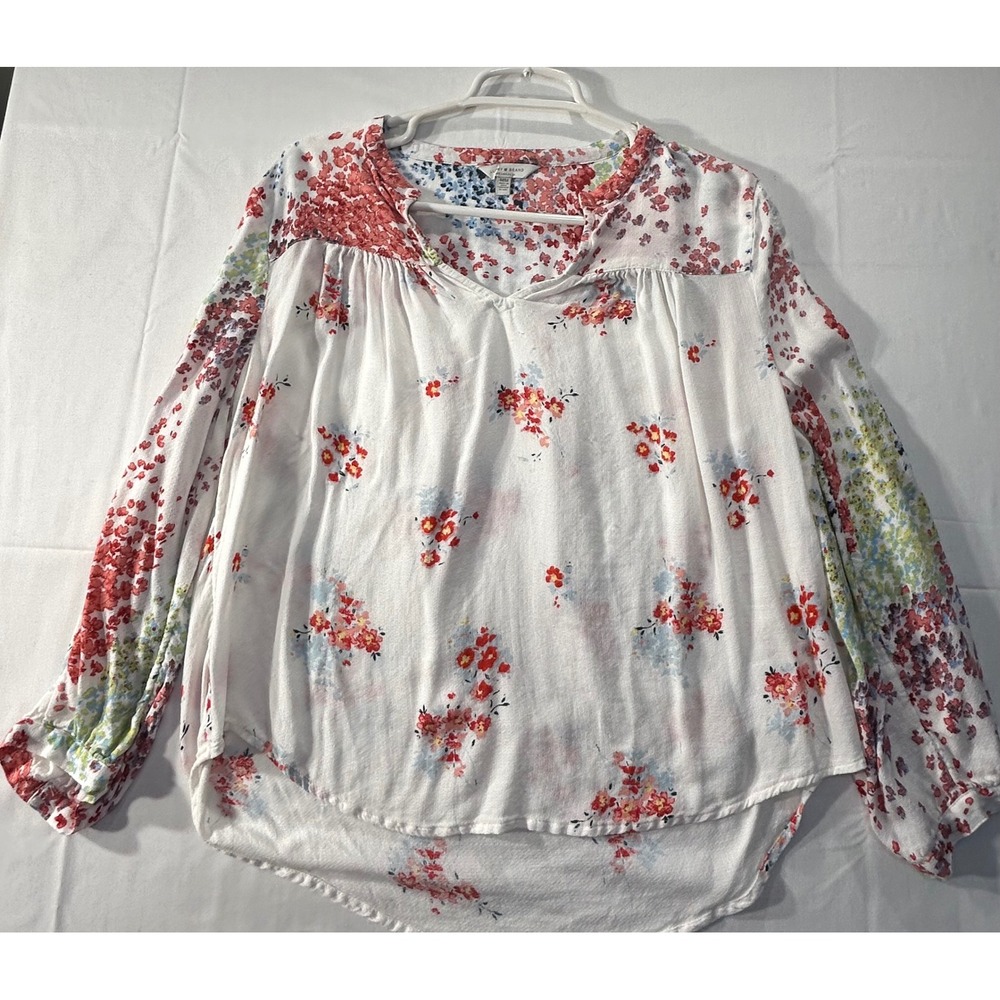 Lucky Brand Floral Peasant Blouse White Red Blue Boho Top 7W44421 Size Medium